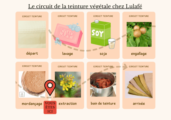 Schéma reproduisant le parcours de préparation du tissu pour faire de la teinture végétale durable. Il permet de situé le kit teinture et couture édition chouchou. La préparation est faite : il manque plus que la couleur, à vous de jouer !